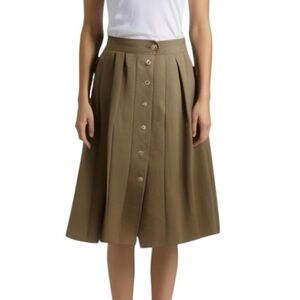 80s LIZ CLAIBORNE KHAKI FRONT BUTTON CLOSURE LINED PLEATED MIDI SKIRT SZ S